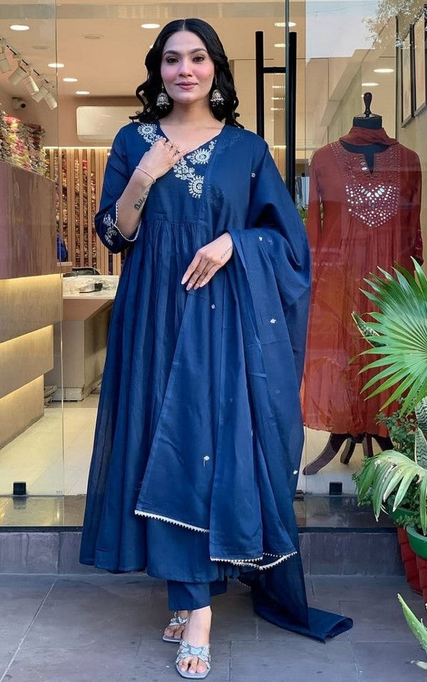 Amazing Blue Color Cotton Fabric Designer Suits