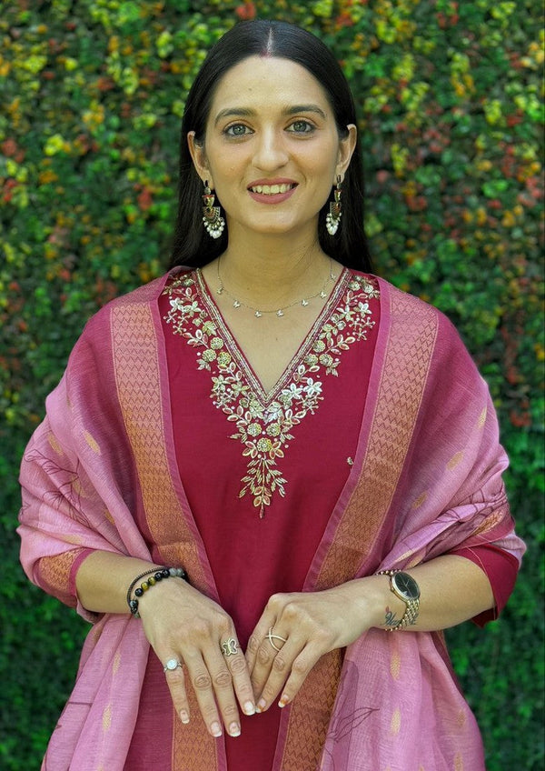 Gorgeous Maroon  Color Silk Fabric Designer Suit