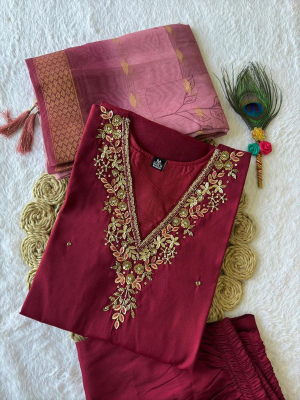 Gorgeous Maroon  Color Silk Fabric Designer Suit