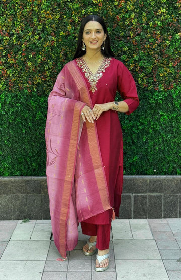 Gorgeous Maroon  Color Silk Fabric Designer Suit