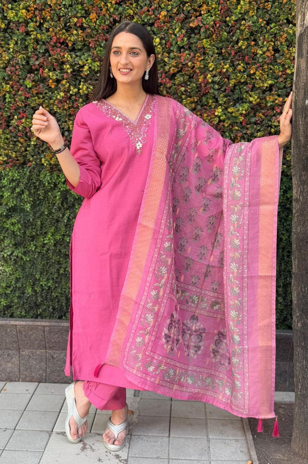 Gorgeous Pink Color Silk Fabric Designer Suit