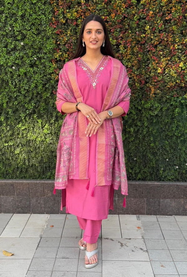 Gorgeous Pink Color Silk Fabric Designer Suit