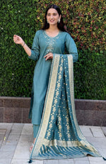 Gorgeous Teal Color Silk Fabric Designer Suit