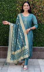 Gorgeous Teal Color Silk Fabric Designer Suit