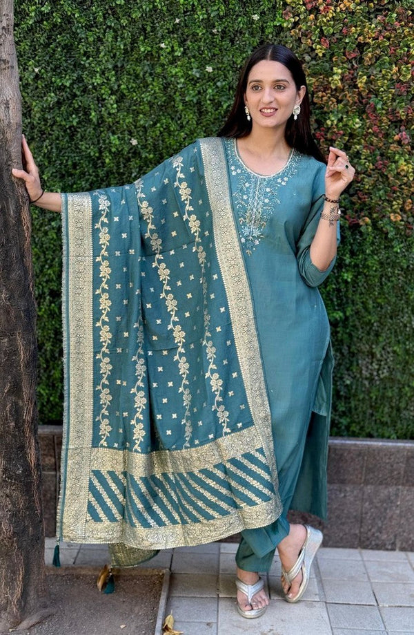 Gorgeous Teal Color Silk Fabric Designer Suit