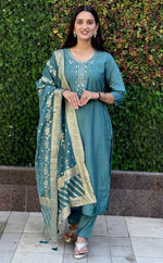 Gorgeous Teal Color Silk Fabric Designer Suit