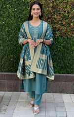 Gorgeous Teal Color Silk Fabric Designer Suit