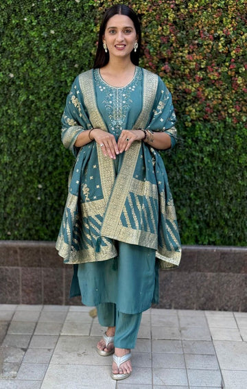 Gorgeous Teal Color Silk Fabric Designer Suit