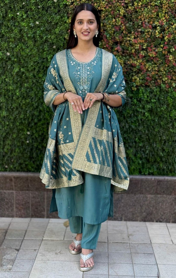 Gorgeous Teal Color Silk Fabric Designer Suit
