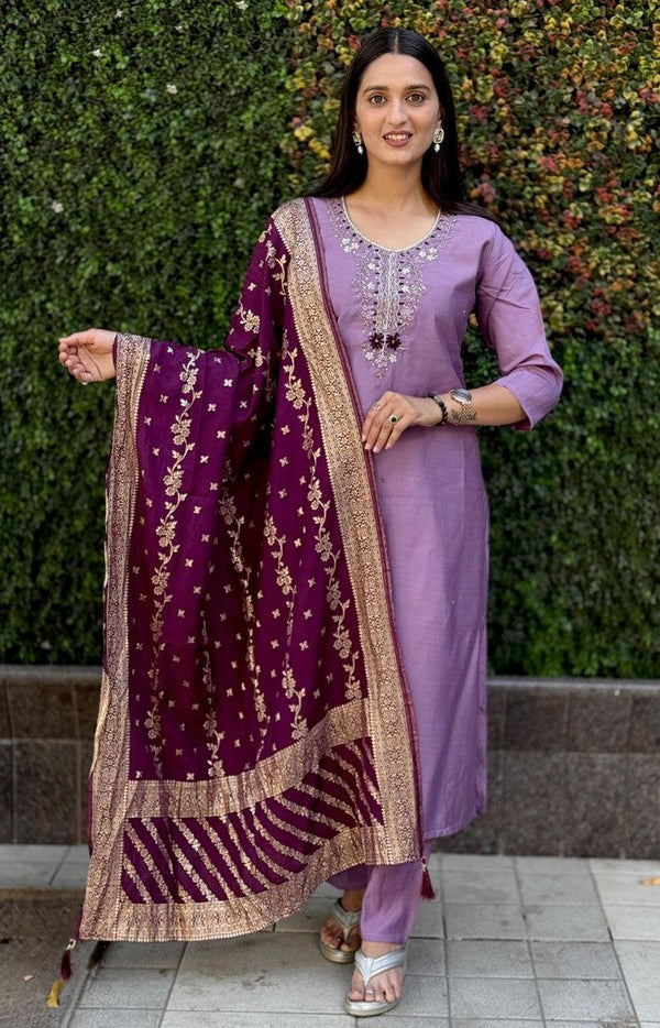 Gorgeous Purple Color Silk Fabric Designer Suit