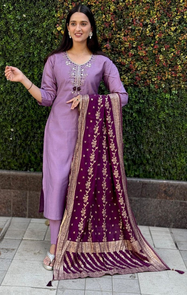Gorgeous Purple Color Silk Fabric Designer Suit