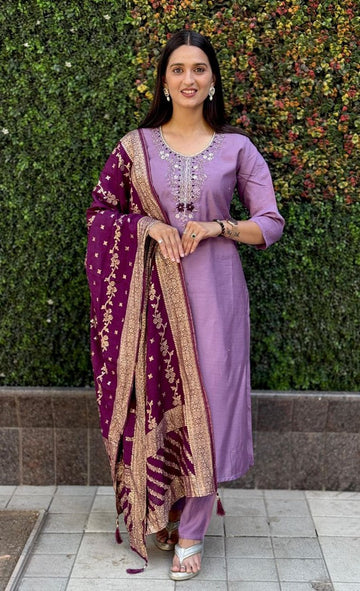 Gorgeous Purple Color Silk Fabric Designer Suit