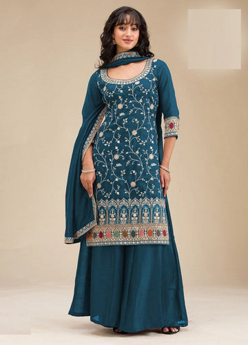 Tasteful Teal Color Vichitra Fabric Plazzo Suit