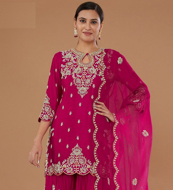 Tasteful Pink Color Vichitra Fabric Plazzo Suit