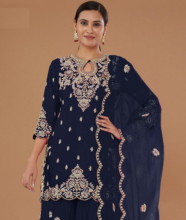 Tasteful Navy Blue Color Vichitra Fabric Plazzo Suit