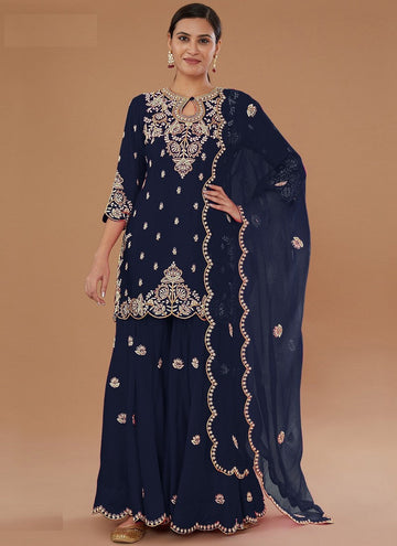Tasteful Navy Blue Color Vichitra Fabric Plazzo Suit