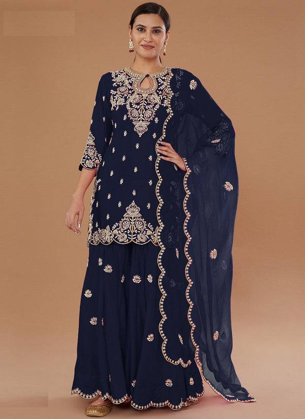 Tasteful Navy Blue Color Vichitra Fabric Plazzo Suit