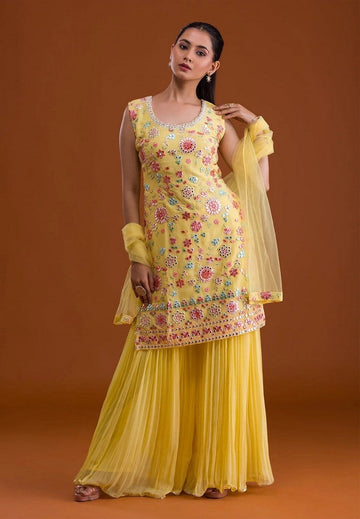 Tasteful Yellow Color Georgette Fabric Plazzo Suit