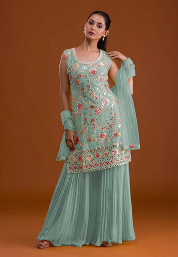 Tasteful Aqua Color Georgette Fabric Plazzo Suit