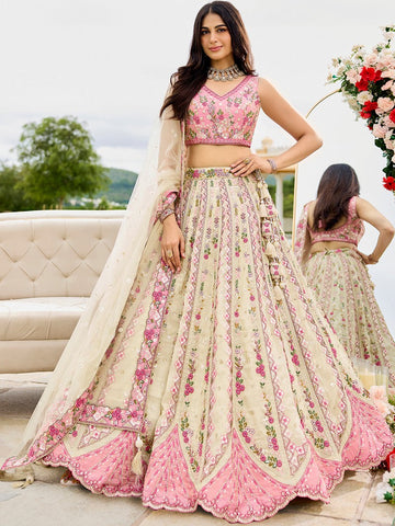 Charming Cream Color Tissue Fabric Party Wear Lehenga