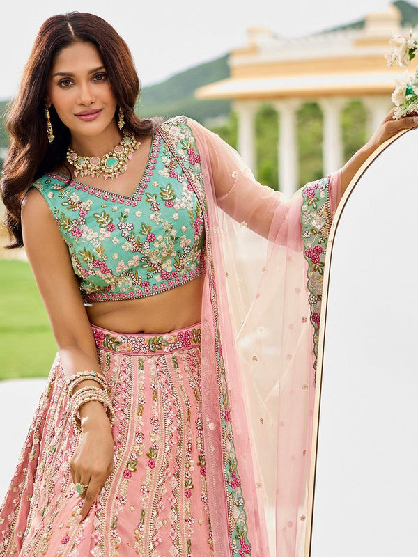 Charming Pink Color Tissue Fabric Party Wear Lehenga
