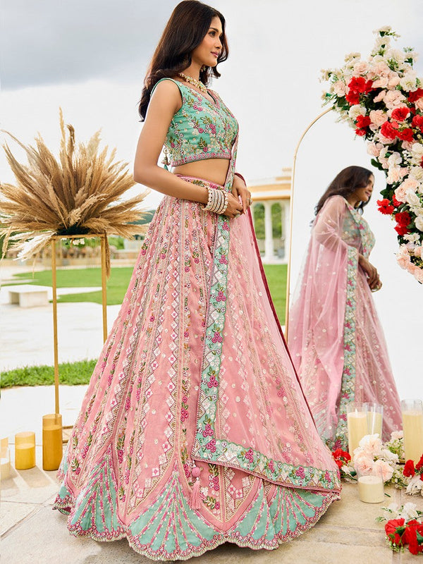 Charming Pink Color Tissue Fabric Party Wear Lehenga
