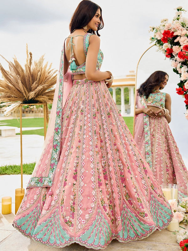 Charming Pink Color Tissue Fabric Party Wear Lehenga