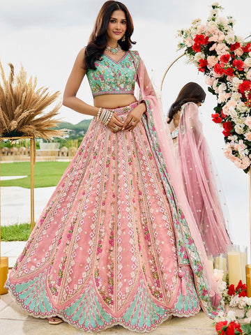 Charming Pink Color Tissue Fabric Party Wear Lehenga