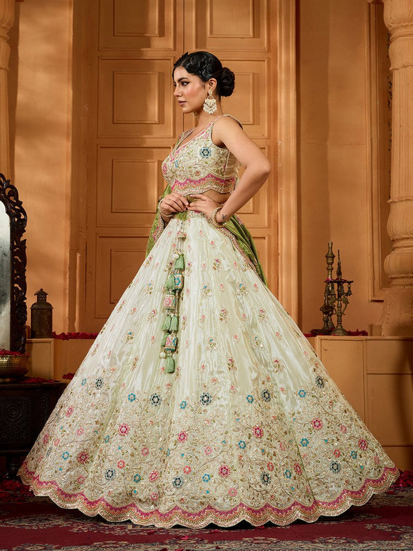 Charming Cream Color Tissue Fabric Party Wear Lehenga