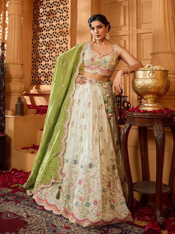 Charming Cream Color Tissue Fabric Party Wear Lehenga