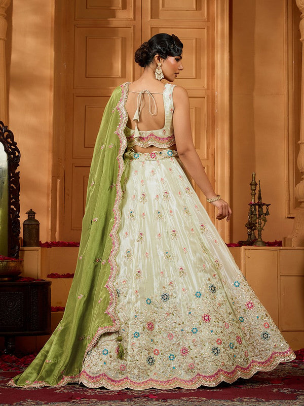 Charming Cream Color Tissue Fabric Party Wear Lehenga