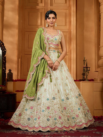 Charming Cream Color Tissue Fabric Party Wear Lehenga