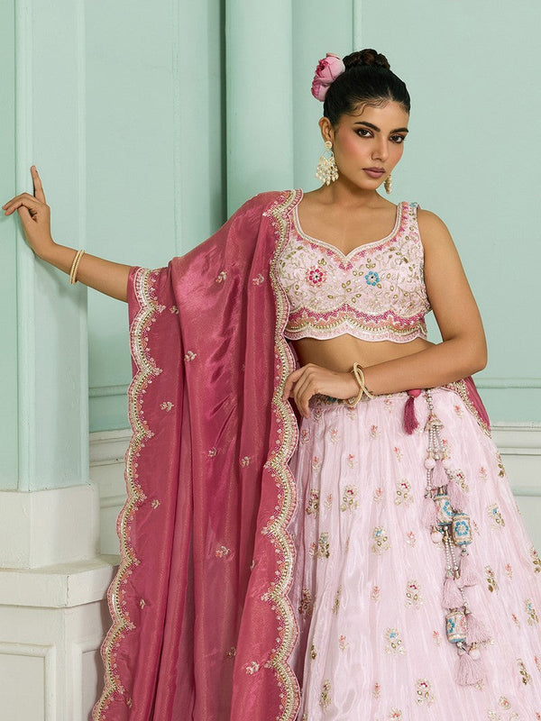Charming Pink Color Tissue Fabric Party Wear Lehenga