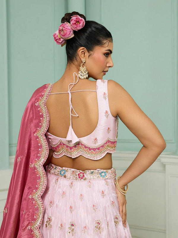 Charming Pink Color Tissue Fabric Party Wear Lehenga