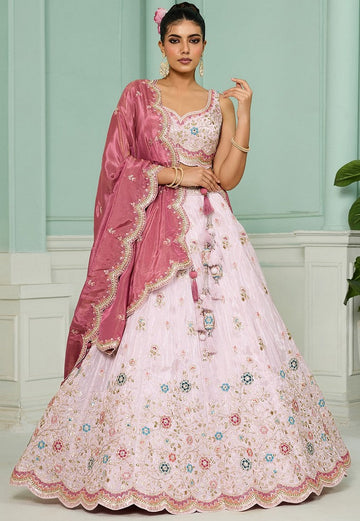 Charming Pink Color Tissue Fabric Party Wear Lehenga