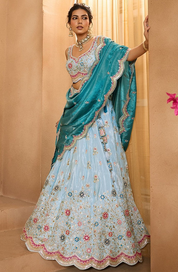Charming Turquoise Color Tissue Fabric Party Wear Lehenga