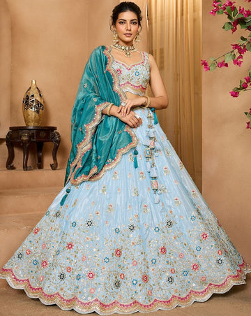 Charming Turquoise Color Tissue Fabric Party Wear Lehenga