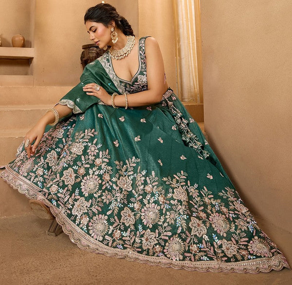 Charming Green Color Tissue Fabric Party Wear Lehenga
