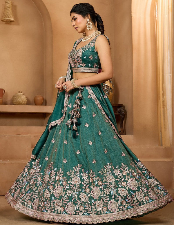 Charming Green Color Tissue Fabric Party Wear Lehenga