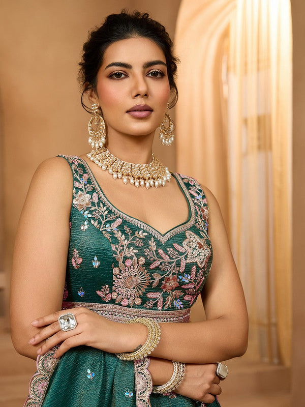 Charming Green Color Tissue Fabric Party Wear Lehenga