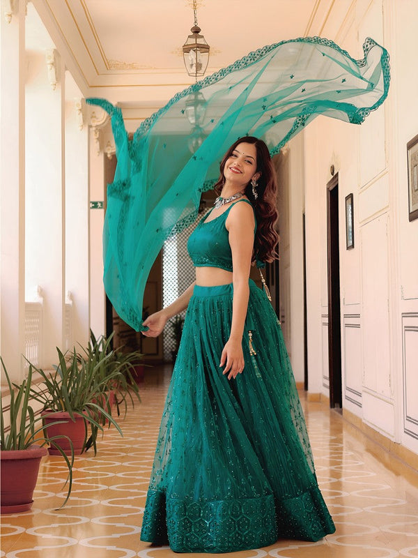 Charming Green Color Net Fabric Party Wear Lehenga