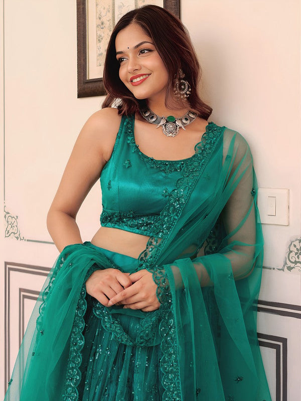 Charming Green Color Net Fabric Party Wear Lehenga