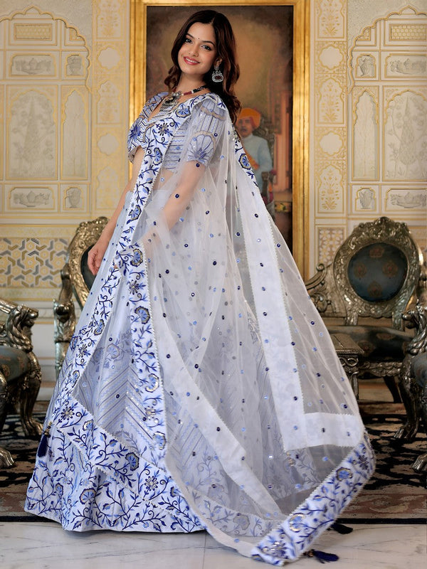 Charming White Color Satin Fabric Party Wear Lehenga