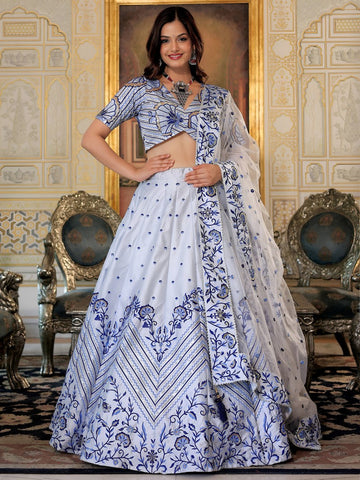 Charming White Color Satin Fabric Party Wear Lehenga