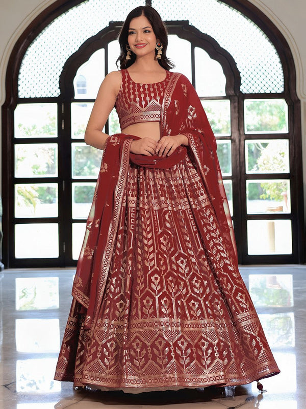 Charming Maroon Color Georgette Fabric Party Wear Lehenga