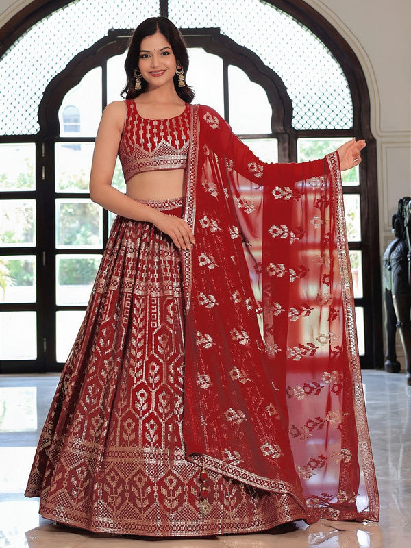 Charming Maroon Color Georgette Fabric Party Wear Lehenga