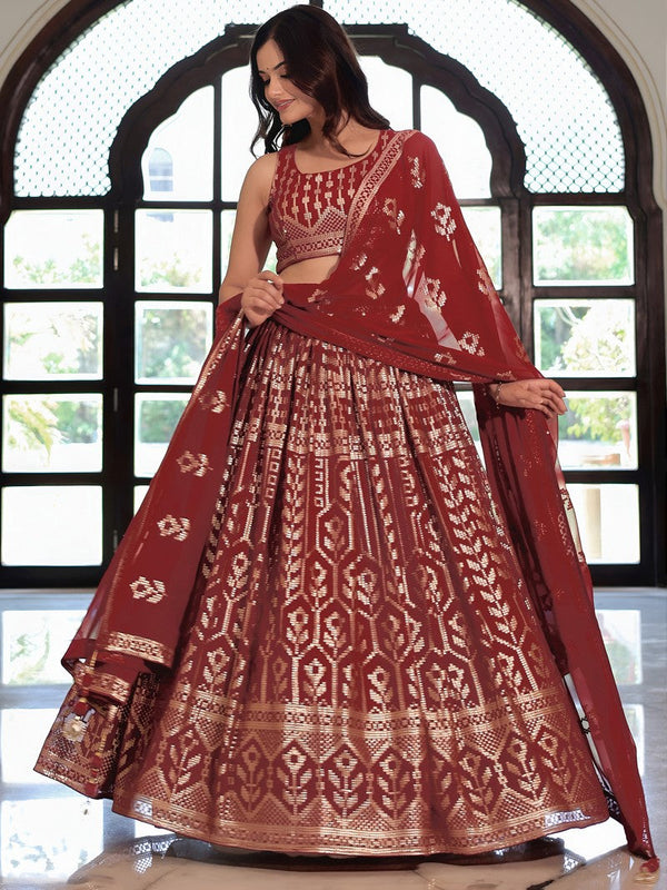 Charming Maroon Color Georgette Fabric Party Wear Lehenga
