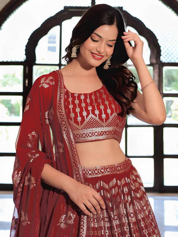 Charming Maroon Color Georgette Fabric Party Wear Lehenga