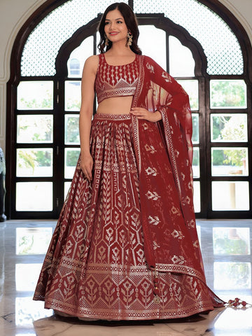 Charming Maroon Color Georgette Fabric Party Wear Lehenga
