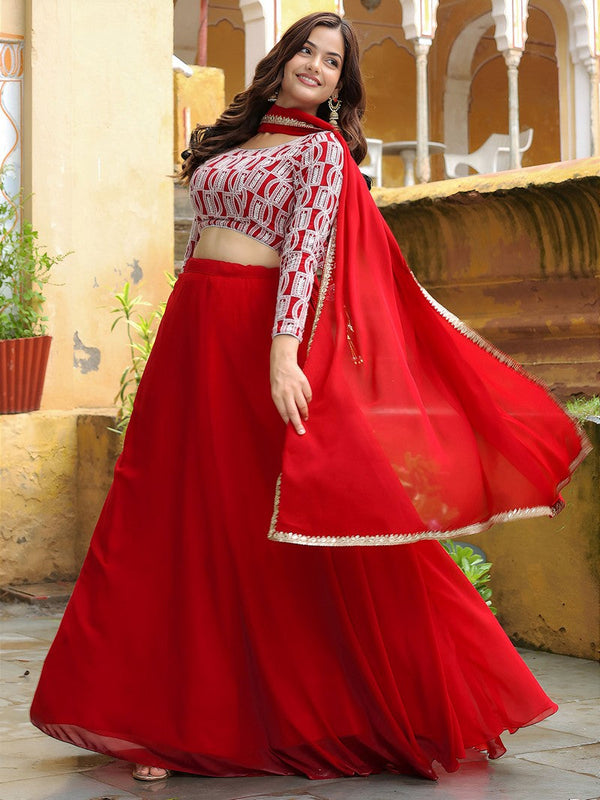 Charming Red Color Georgette Fabric Party Wear Lehenga